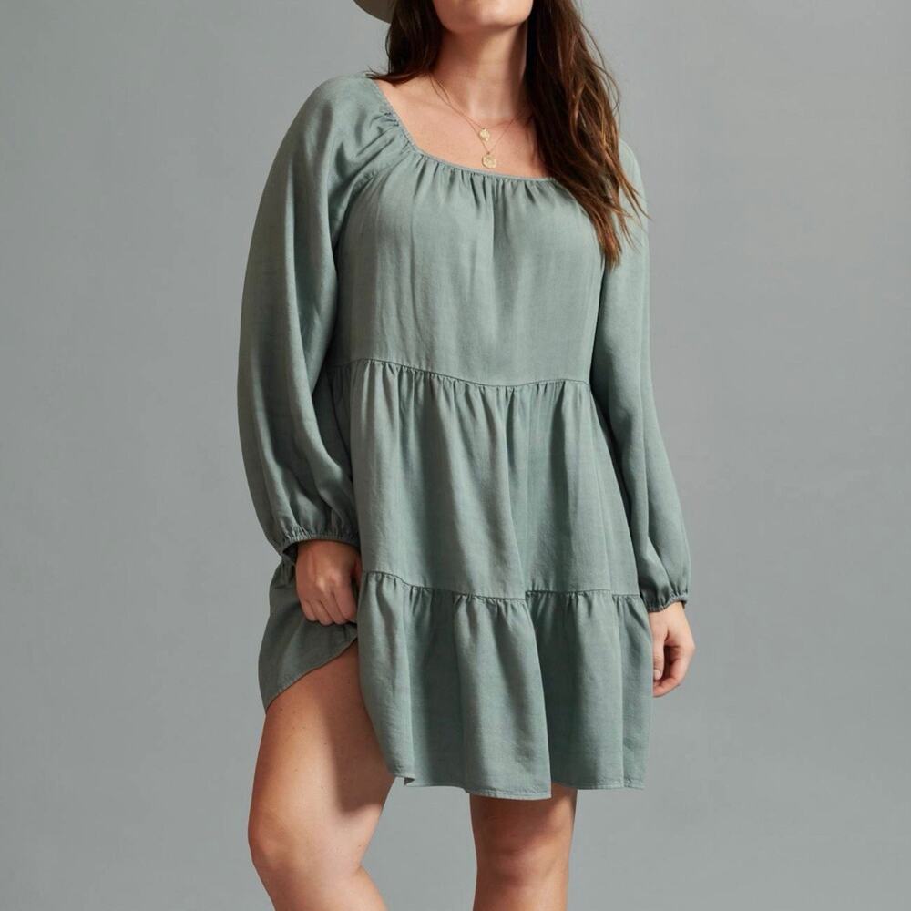 Anthropologie 1X Amadi Green Tiered Long Sleeve Verity Tunic Dress